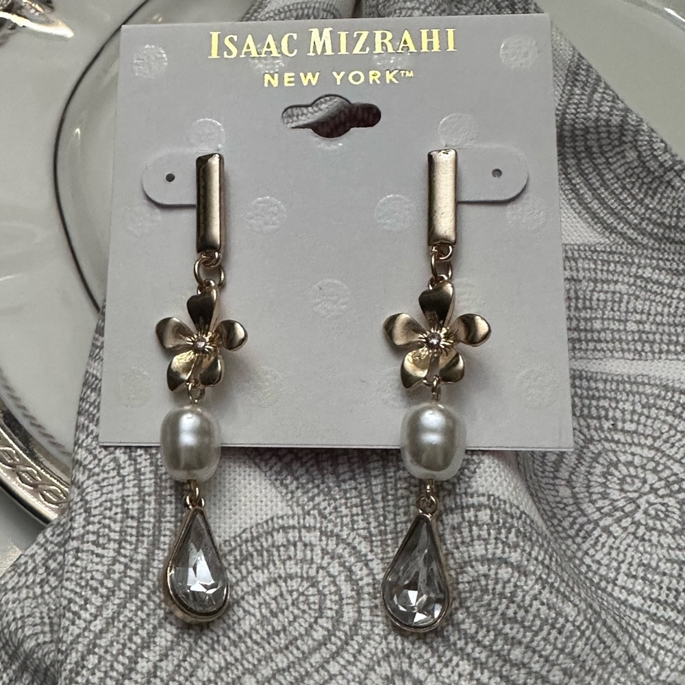 Isaac Mizrahi New York gold tone flower crystal dangling post earrings NWT